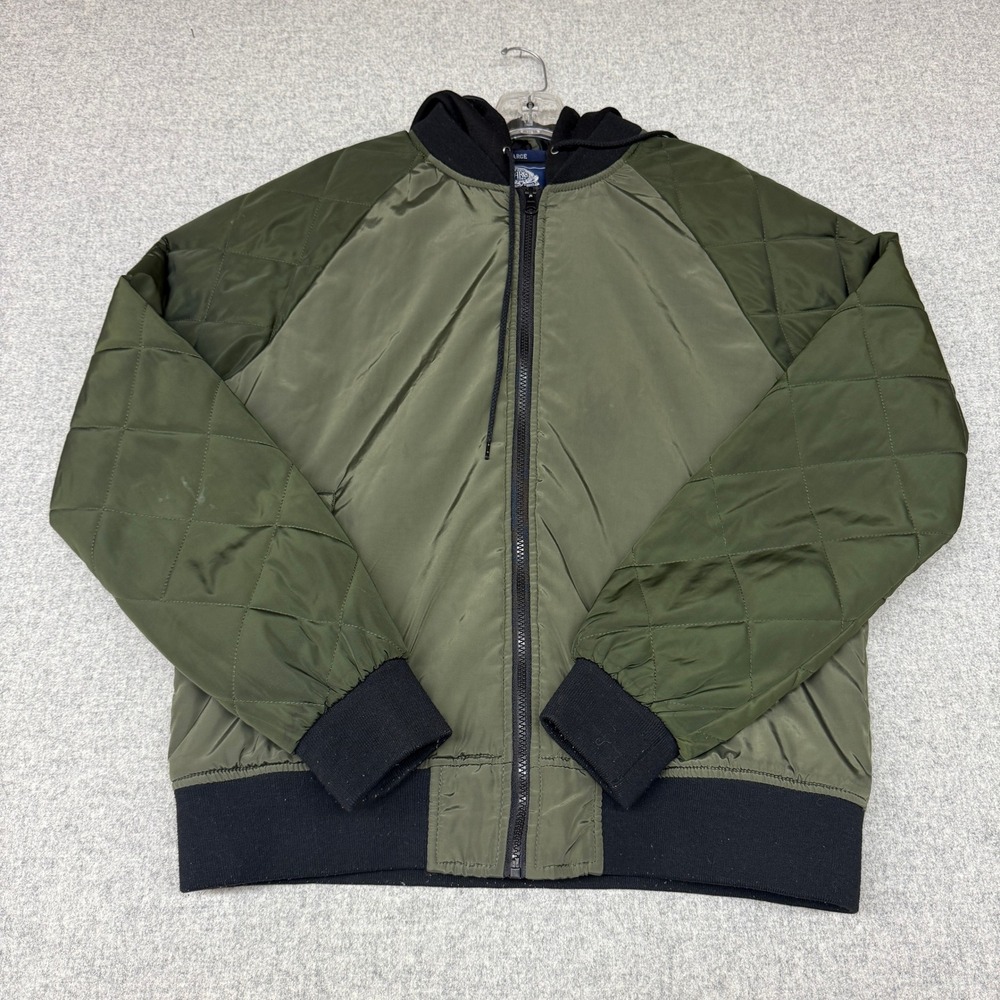 American Rag Bomber Jacket Large Green Black Quilted Sleeve Hooded Full Zip Coat